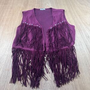 Meaneor Fringe Vest Women XXL Burgundy/Wine Boho Western Open Front Top
